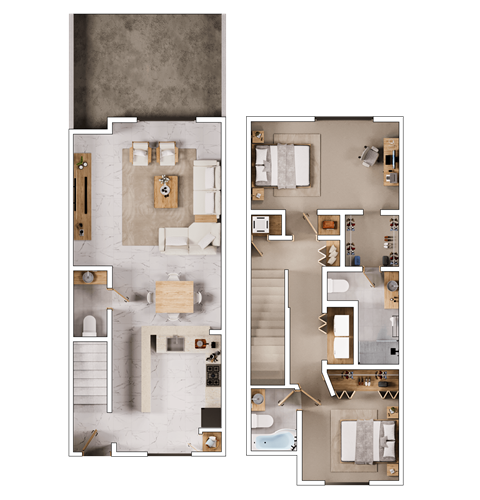 A floor plan of a house with two bedrooms, a living room, a kitchen, and a bathroom.